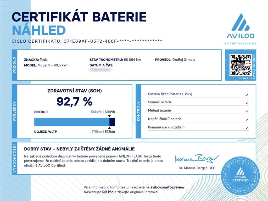 OGSUPP.eu Oficiální SoH certifikát – Aviloo test baterie Certifikát Aviloo Měření stavu baterie